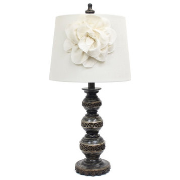 Elegant Designs Ceramic Stacked Ball Lamp in Aged Bronze with White Flower Shade