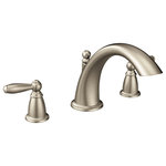 Moen - Moen Brantford Brushed Nickel Two-Handle Roman Tub Faucet T933BN - With intricate architectural features that transcend time, Brantford faucets and accessories give any bath a polished, traditional look. Classic lever handles, a tapered spout and globe finial give this collection universal appeal.