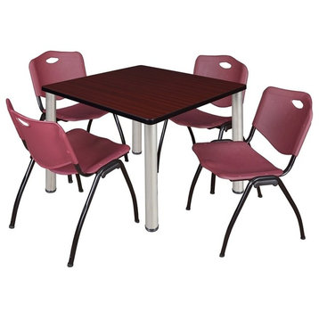 Kee 36" Square Breakroom Table, Mahogany, Chrome, 4 'M' Stack Chairs, Burgundy