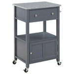 OSP Home Furnishings - Fairfax Kitchen Cart With Granite Top and Gray Base - Capturing the classic charm of the modern farmhouse aesthetic, our Kitchen Cart with Granite Top, combines beauty and functionality. Its multifunctional design makes it perfect for food preparation, serving, and kitchen storage. Beautiful from every angle, it features a wood painted finish, contrasted with the clean lines of a durable granite food prep surface. Handy top drawer will hold all your cooking utensils. Mid-level open shelving area is ideal for displaying extra-large pots, while the lower storage compartment is perfect for storing large mixing bowls and serving pieces. Towel bar and heavy-duty hardware provide long lasting appeal.  A must-have addition to any home, this charming kitchen cart is sure to be your new favorite place for both cooking and stowing away countertop clutter.