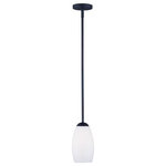 Maxim Lighting - Taylor 1-Light Mini Pendant in Textured Black - Heavy rectangular tubing support tall scale Satin White glass shades that creates an upscale forged look at a builder price.  Available in your choice of Textured Black or Satin Nickel, this collection is complete enough to do the entire home.  This light requires 1 , 60W Watt Bulbs (Not Included) UL Certified.