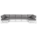Meridian Furniture - Nizuc Water Resistant Patio U-Shaped Modular Sectional, Gray, 7-Piece: 5 Armless Chair, 2 Corner Chair, White Aluminum Frame - Pick and choose your favorites from the Nizuc collection to create a modular seating group the whole gang will enjoy. The sturdy aluminum frame provides dependable support for friends and family as they relax and unwind, and the resilient grey water resistant fabric stands up to the elements without losing its beautiful demeanor, so you can count on it lasting for the long haul. Latches beneath these seating pieces help you easily attach them to one another for convenient setup.