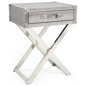 Silver Lizard Leather Side Table With Stainless Steel Legs