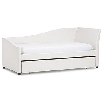 Twin Daybed, Curved Design With Faux Leather Upholstery & Trundle, White