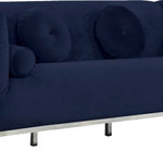 Meridian Furniture - Opal Velvet Upholstered Sofa, Navy - Catch the eyes of all who step foot in your home with this bold Opal navy velvet sofa. Its chrome stainless steel patterned design creates a contemporary flair against its plush, navy velvet upholstery, creating a home accent piece that is both comfy and stylish. Its roomy design offers ample room to kick back and relax after a long day, while its stocky shape adds a daring touch to your decor.