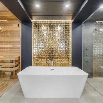 Glamorous gloss cabinetry with luxury Bentley quartz countertops.