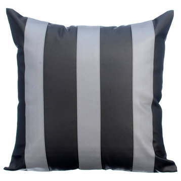 Faux Leather Stripes 18"x18" Grey & Silver Pillows Cover, Alternating Silver