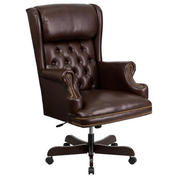 High Back Traditional Tufted Brown Leather Executive Swivel Chair With Arms