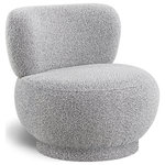 Meridian Furniture - Calais Accent Chair, Gray, Upholstered Base - Wow guests with contemporary panache with the addition of this Calais boucle fabric accent chair to your bedroom, living room, or elsewhere. This lovely chair features a mid-century modern design that makes it take on an artsy feel that's bound to be noticed by all who happen by (or stop and sit). The rich grey boucle fabric and matching upholstered grey base adds a definitive sturdiness which makes it an inviting seat to take a load off at day's end.