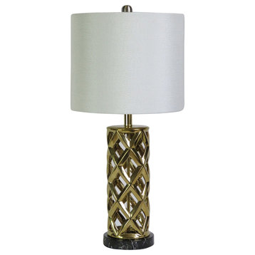 26" Woven Cylinder Cage Ceramic & Metal Faux Marble Table Lamp