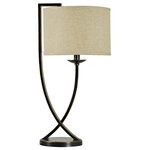 StyleCraft Home Collection - Bronze crossed arm table lamp and natural linen shade - The Madison table lamp uses gentle curved metal in a bronze finish to create a contemporary aesthetic in a variety of uses. This lamp is centered on a round base and topped with a beige hardback shade. It's a smart finishing touch for modern living room tables, credenzas, bedsides, and more.