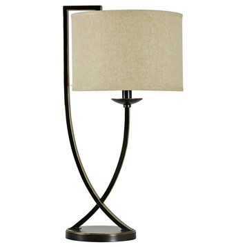 Bronze crossed arm table lamp and natural linen shade