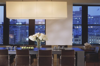 Trendy light wood floor dining room photo in New York with white walls