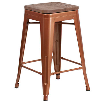 24"High Backless Copper Counter Height Stool with Square Wood Seat