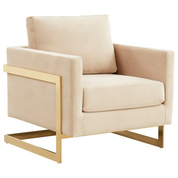 LeisureMod Lincoln Velvet Accent Arm Chair With Gold Frame, Beige