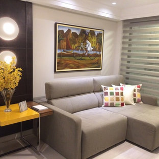 Design ideas for a small contemporary home cinema in Other with beige walls, porcelain flooring and a built-in media unit.