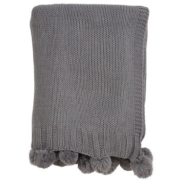 Classic Solid Color Knitted Pom Pom Cozy Throw Blanket 50" x 60" , Grey