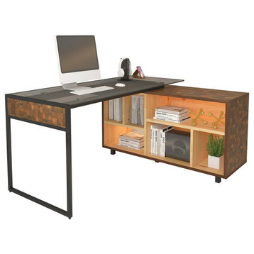 Modern L-Shaped Desk, Spacious Glass Top With 6 Open Compartments, Brown/Oak