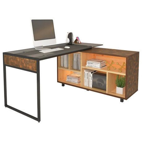 Modern L-Shaped Desk, Spacious Glass Top With 6 Open Compartments, Brown/Oak