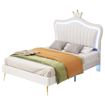 Modern Upholstered Princess Bed With LED Lights(  No mattress), White, Queen Size
