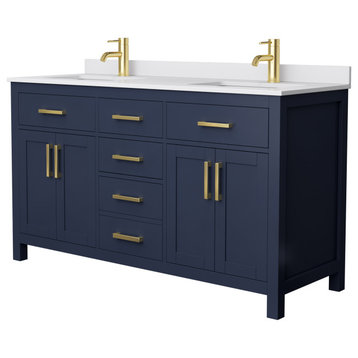 60" Double Bathroom Vanity Dark Blue, White Cultured Marble Countertop, Sinks