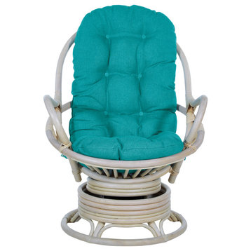 Lanai Rattan Swivel Rocker Chair, Blue Fabric With White Wash Frame