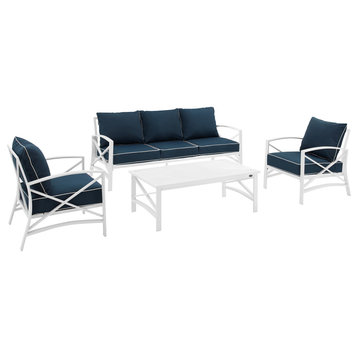 Kaplan 4-Piece Outdoor Sofa Set, Navy/White Sofa, Coffee Table, and 2 Arm Chairs