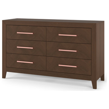 Modern Double Dresser, 6 Drawers With Soft Herringbone Pattern, Toasted Chestnut