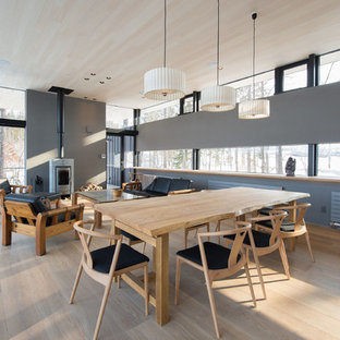 札幌のモダンスタイルのLDKの画像 (グレーの壁、塗装フローリング、薪ストーブ、グレーの床)