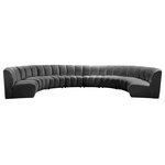 Meridian Furniture - Infinity Channel Tufted Velvet Modular Chair, Gray, 8 Piece - Create a seating group that works for every possible situation with this Infinity modular 8-piece sectional and other pieces in the Infinity collection. Upholstered in soft grey velvet material that feels great against the skin and offers long-wearing beauty, this piece fits with other Infinity items for an infinite number of combinations that get your seating requirements just right but that look just as nice when used on their own.