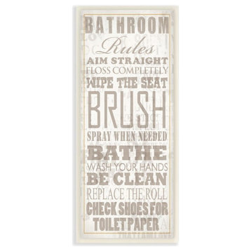 Bathroom Rules Tan and White Distressed Overlay Typography, Wall Plaque, 7"x17"