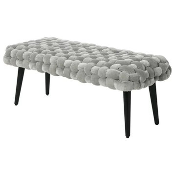 Modern Accent Bench, Woven Design With Hardwood Legs & Velvet Seat, Gray/Black
