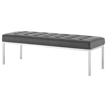 Modern Accent Chair Bench, Faux Vinyl Leather Metal Steel, Grey Gray Silver