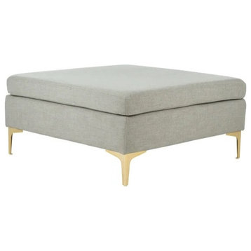 Contemporary Ottoman, Square Design With Brass Legs & Padded Seat, Gray Linen