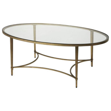 Coffee Table Cocktail Oval Top Distressed Antique Gold Tempered Glass