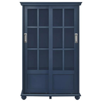 Transitional Bookcase, Sliding Doors With Glass Panels & Inner Shelves, Blue