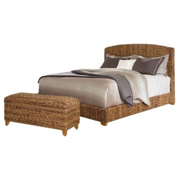 2 Piece Bedroom Set with Hand Woven Bed and Bench in Natural Brown