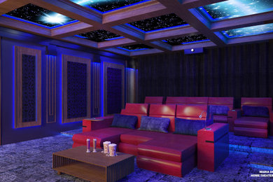 Large minimalist enclosed carpeted and blue floor home theater photo in Montreal with blue walls and a projector screen