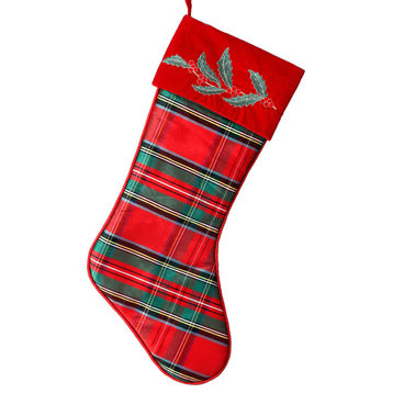 20" Embroided Holly Plaid Stocking 2 Piece Set