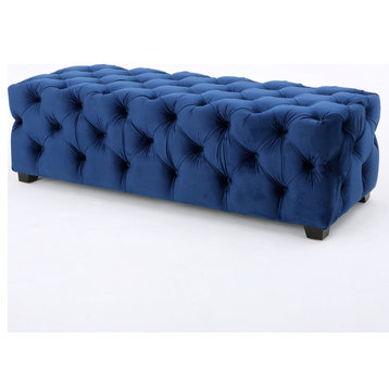 GDF Studio Provence TModern Glam Tufted Velvet Ottoman Bench, Navy Blue