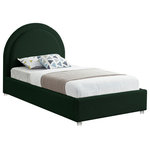 Meridian Furniture - Milo Velvet Upholstered Bed, Green, Twin - Get ready for compliments when you add this Milo boucle fabric bed to your space. It's upholstered head to foot in rich green boucle fabric, so it's soft to the touch and regal to the eye. The star of the show is the bed's rounded headboard, which stretches out tall above you for a look that oozes regality and sophisticated charm. Acrylic legs give the bed a somewhat modern finish.
