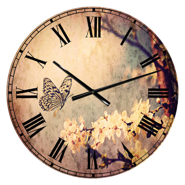 Design Art Designart ‘Vintage Butterfly and Cherry Tree’ Floral Large Wall Clock 23 in. Wide x 23 in. high