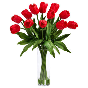 23in. Artificial Tulip Arrangement with Cylinder Glass Vase