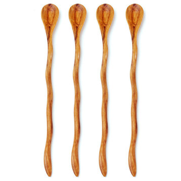 Wild Olive Wood Wavy Cocktail Spoons, Set of 4