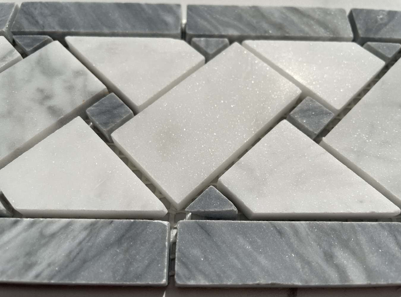 Carrara Venato Marble Basketweave Mosaic Border Dark Gray Dots Honed, 1 sheet