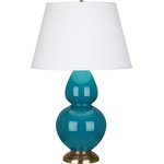 Robert Abbey - Robert Abbey 1751X Double Gourd - Table Lamp - Double Gourd Table Lamp Peacock Glazed Ceramic Antique Natural Brass and Pearl Dupioni Fabric Shade *UL Approved: YES *Energy Star Qualified: n/a  *ADA Certified: n/a  *Number of Lights: Lamp: 1-*Wattage:150w A19 Medium Base bulb(s) *Bulb Included:No *Bulb Type:A19 Medium Base *Finish Type:Peacock Glazed Ceramic Antique Natural Brass