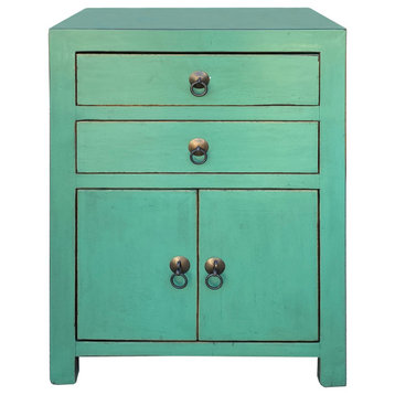 Chinese Distressed Turquoise Green 2 Drawers End Table Nightstand Hcs7420
