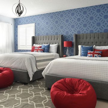 Grey and White Boy's Bedroom with Modern Upholstered Headboards & Punches of Red