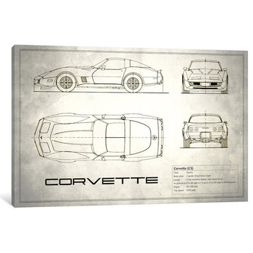 Chevrolet Corvette C3 Body Type, Vintage Silver Wrapped Canvas Print, 18x12x1.5