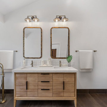Santa Ana Bathroom Remodel Featuring Wood Double Vanity with Quartz Countertop